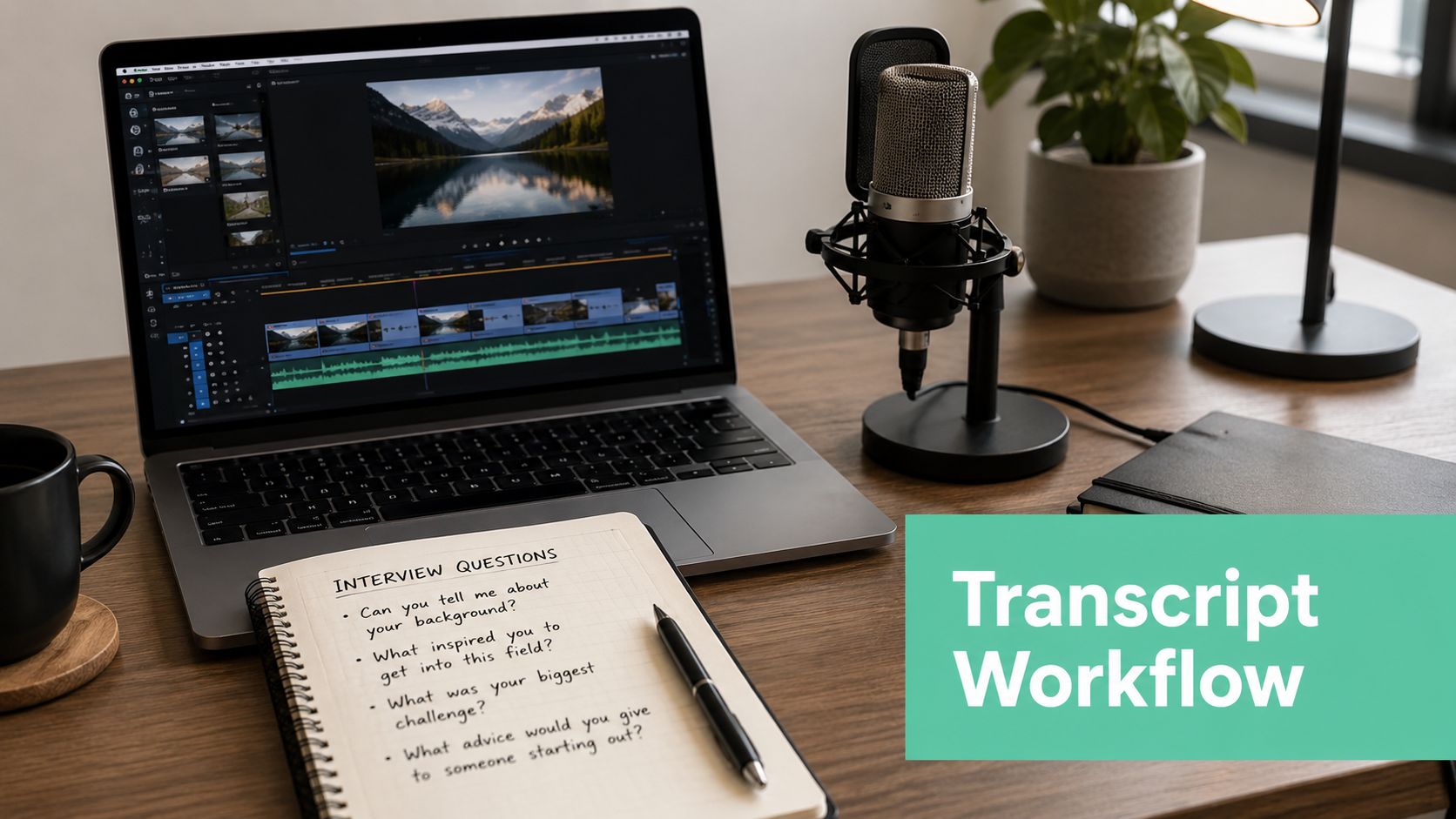 A professional desk setup featuring a laptop with video editing software, a microphone, and handwritten interview questions.